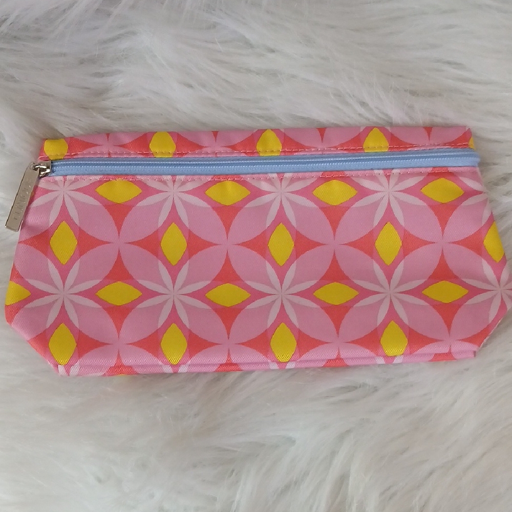 Clinique Pink and Yellow Geometric Pattern Makeup Cosmetic Bag